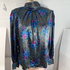 Vintage Nicola Gray Blue Floral Blouse Hight neck 12 Satin 80s 90s cottagecore